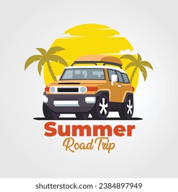 Summer Road Trip in Beach Sunset Vibes Vector Art. Flat Design. Best for Tshirt Design