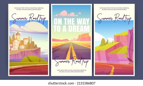 Summer Road Trip Cartoon Posters. Highway Going Into The Distance At Desert, Scenery Mediterranean Landscape With Houses On Rock Cliff Above Sea. Way To Dream Tour Vector Mobile App Onboard Pages