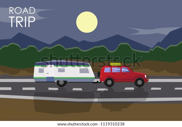 Summer road trip concept. Red car with a\
camper trailer riding on the road at night.\
