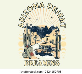 Viaje de verano. Diseño de camiseta vectorial vintage de vibraciones del desierto. Obra de arte de cactus de Arizona para prendas de vestir, pegatinas, lotes, fondo, afiches y otros. 