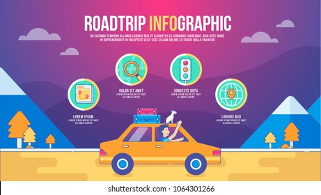 summer road trip infographic vector, character driver with happy dog, travel by car, how to use gps map, road, trip vacation, transportation symbol, camping.