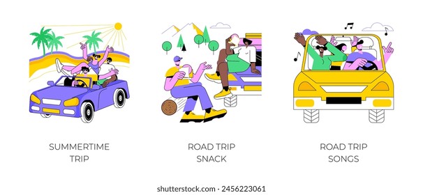 Summer road trip isolated cartoon vector illustrations set. Group of diverse friends driving cabrio along the shore, snacking while driving car, happy people singing song on the way vector cartoon.