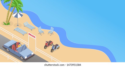 Summer road trip isometric vector illustration. Cabriolet driver, man driving passenger car cartoon character. Seasonal recreation, summertime rest, seaside vacation banner concept with text space
