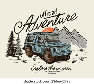 Summer road trip. Off-road adventure artwork for poster, sticker, background and others. Nature is better. All good things are wild and free. Mountain and car design, pain tree. 