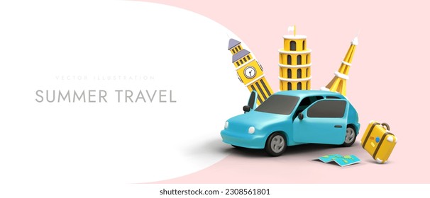 Summer road trip through Europe. Active family vacation. Route construction assistance service. Tour guide, list of places to visit. Tourist tricks. Color banner in cartoon style with text