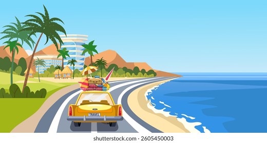 Summer road trip vacation by car, coast sea, ocean, palms, resort tropical landscape