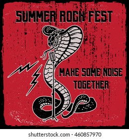 Summer rock fest illustration. Snake with microphone and lightning. Vintage print design.