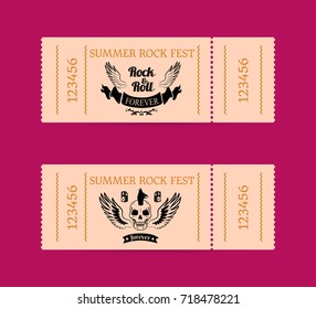 Summer rock fest set of tickets on dark pink. Vector illustration of wings with inscription in between, skull with mohawk and small speakers above