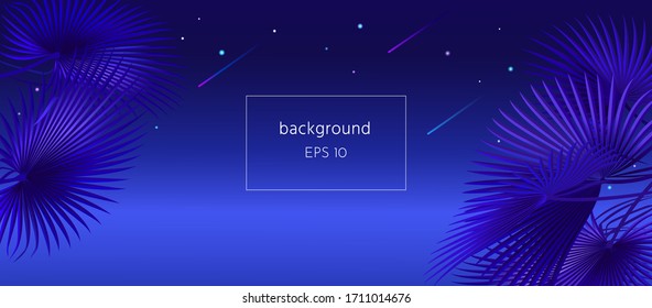 Fondo romántico de verano con palmeras en el cielo nocturno. Ilustración vectorial en colores azules para banner, afiche, volante, tarjeta postal, invitación, web o tarjeta de felicitación. Plantilla de banner en verano.
