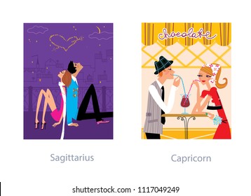 Summer Romantic Couple Love Horoscope. Sagittarius And Capricorn Zodiac Signs. Vector Illustration. Lovers Sitting On The Roof In Paris.