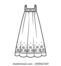 Summer romantic long dress with floral ornament outline for coloring on a white background