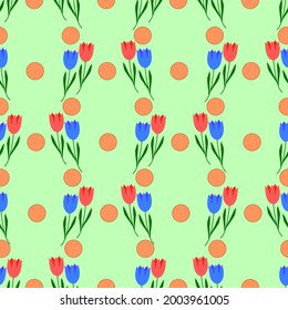 Summer romantic pattern with colorful flower on green. Decorative colorful elegant romantic seamless pattern for decor, wallpaper, fabric, prints. Abstract fashion texture. Vector illustration