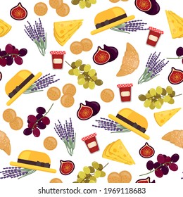 Summer Romantic Picnic Seamless Pattern In Provence Style With Lavender Grapes And Cheese With Crackers In Juicy Colors For Background, Wallpaper