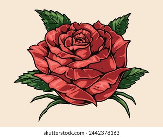 Summer rose colorful detailed sticker with elegant flower bud with green petals for romantic products design vector illustration