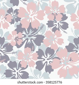 Summer rose quarts and serenity hawaiian seamless pattern with tropical plants and hibiscus flowers, vector illustration