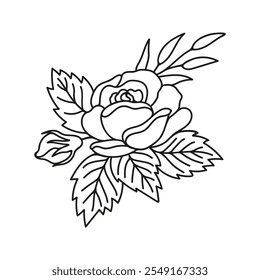 Rosas de verão com folhas bouquet ilustrações botânicas. Arranjos de rabiscar de flor linear desenhado à mão. 