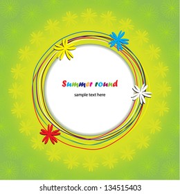 Summer round background with colorful  thread and flowers. Space for your text