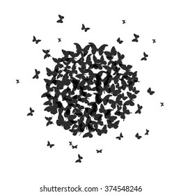 summer round banner, card design, black butterfly on white background. Vector