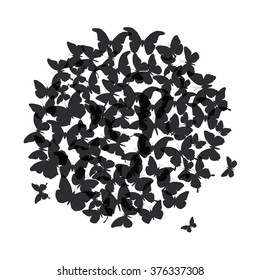 summer round banner, card design, black butterflies on white background. Vector