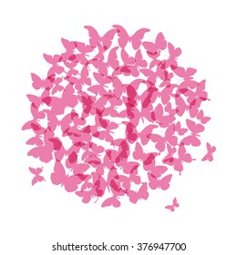summer round banner, card design, pink butterfly on white background. Vector