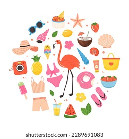 Summer round colored big set in flat style. Design elements of beach vacation and travel. Summertime accessories Isolated vector illustration