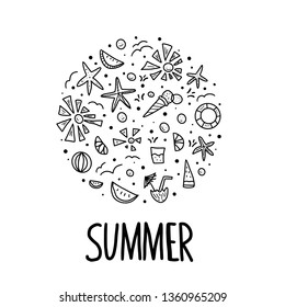 Summer round concept. Handwritten lettering with summer symbols in doodle style. Emblem with text and design elements isolated on white background. Vector  illustration.