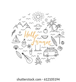 Summer round design concept with hand drawn icons and lettering. Vector illustration.