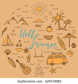 Summer round design concept with hand drawn icons and lettering. Vector illustration.