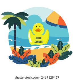 Summer round design t-shirt Print Isolated transparent background. Summer circle art with tropical island landscape and ocean beach. Playful trendy 2025 color vector.
