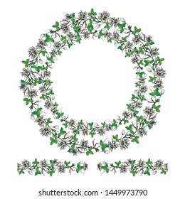 summer, round double frame with space for text. Flowers and clover leaves, painted, green, pink and white. Clover for luck.Trifolium repens. seamless clover brush 