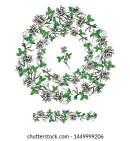 summer, round double frame with space for text. Flowers and clover leaves, painted, green, pink and white. Clover for luck.Trifolium repens. seamless clover brush