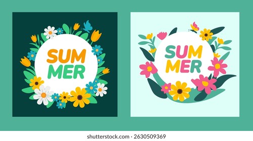 Summer Round Floral Frames. Two Vibrant Designs with "SUMMER" Text, Flowers, and Butterflies for Seasonal Decoration. summer flower social media post banner set.
