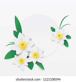 Summer round frame with empty space for your text. White frame with blooming  spring flowers (daffodils, lilies). In sunny summer yellow, green colors. Vector design for invitations, wedding cards.