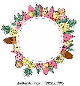 Summer round frame with exotic fruits, ice cream and coconut hand drawn vector illustration isolated on white backgraund