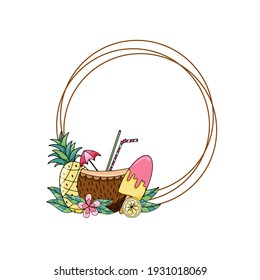 Summer round frame with exotic fruits, ice cream and coconut hand drawn vector illustration isolated on white backgraund