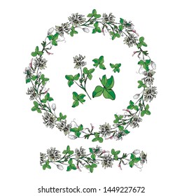 summer, round frame with space for text. Flowers and clover leaves, hand-drawn, green, pink and white. Clover for luck.Trifolium repens. seamless clover brush