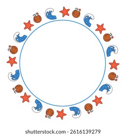 Summer round frame with star, wave and coconut