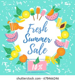 Summer round frame template with fresh cocktails, fruits and popsicles. "Fresh summer sale" hand drawn lettering. Advertising sales 10%. Poster, flyer, banner.
