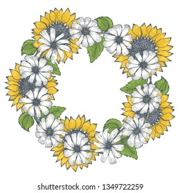 Marco redondo de verano con flores de manzanilla blanca y girasoles amarillos. Dibujo a mano brillante de hermosos camómetros o corona gerbera para decoración de tarjetas de felicitación, invitaciones de boda.
