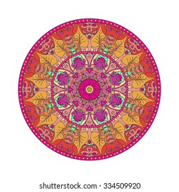 Summer round mandala, colorful element isolated on white.Vector illustration, can be used for fashion print design or page decoration.