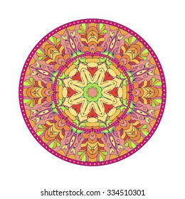 Summer round mandala, colorful element isolated on white.Vector illustration, can be used for fashion print design or page decoration.