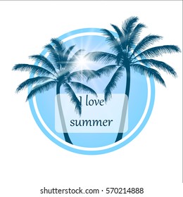 Summer round print with a clear blue sky, the sun and the palm 