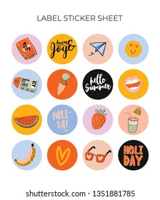 Summer round prints with cute elements and lettering isolated on white background. Hand drawn trendy style. Vector. Good for invitations, banners, web, posters, cards and flyers