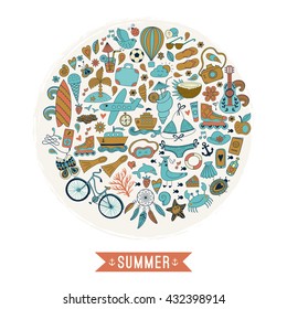 Summer round shape design made of doodle season icons. Doodle travel vacation icons arranged in circle round shape