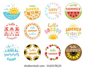 Summer round sign with quotes Hello summer. Set of summer symbols or emblem designs. Holiday illustration for badges and cards.