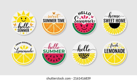 Summer round sign set. Seasonal typography poster. Easy to edit vector template for banner, flyer, sticker, shirt, etc. 