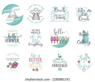 Summer round signs set. Beach badges with different quotes - Hello summer, beach vubes, have a beachy Christmas. Stock vector t shirt prints.