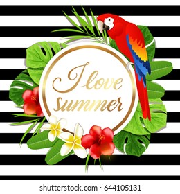 Summer round tropical background with green palm leaves, flowers and red parrot. I love summer lettering.