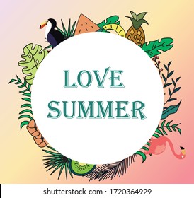 
Summer round tropical frame of leaves and fruits. Tupac, flamingo, watermelon, pineapple, kiwi in vector.