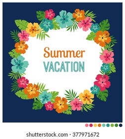 Summer rounded shape  frame vector with palm leaf and hibiscus